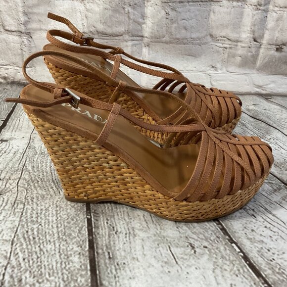PRADA Tan Wedge Sandals Strappy Design & Woven Platform Sole Sz 8.5 US 38.5 EU - Picture 5 of 9